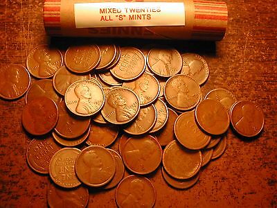 LINCOLN WHEAT CENT PENNY ROLL mixed twenties ALL "S" MINTS, contains every date