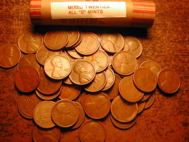 LINCOLN WHEAT CENT PENNY ROLL mixed twenties ALL "S" MINTS, contains every date