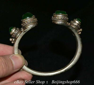 2.8" Old Chinese Silver Inlay Jade jewelry Round Bangle Bracelet