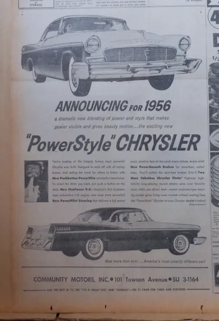 1955 newspaper ad for 1956 Chrysler - PowerStyle visible power, beauty in motion