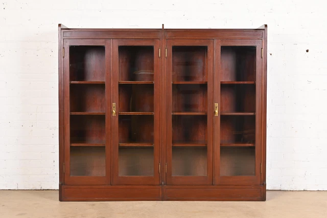 Antique Stickley Style Arts and Crafts Solid Mahogany Double Bookcase, 1920s
