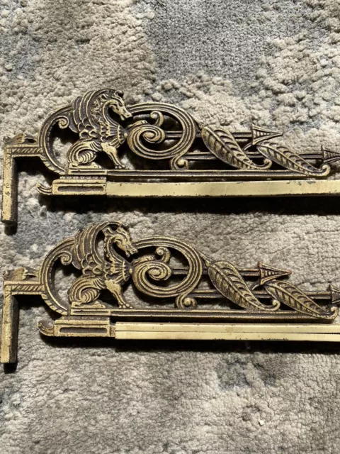 2 Vintage Cast Iron Art Deco Swing Arm Curtain Rods Dragon Gothic MCM