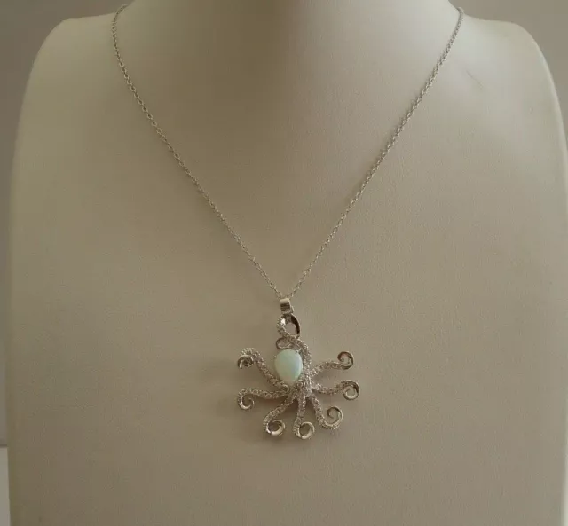 925 Sterling Silver Octopus Necklace Pendant W/ Opal & Accents/ 18 Inch