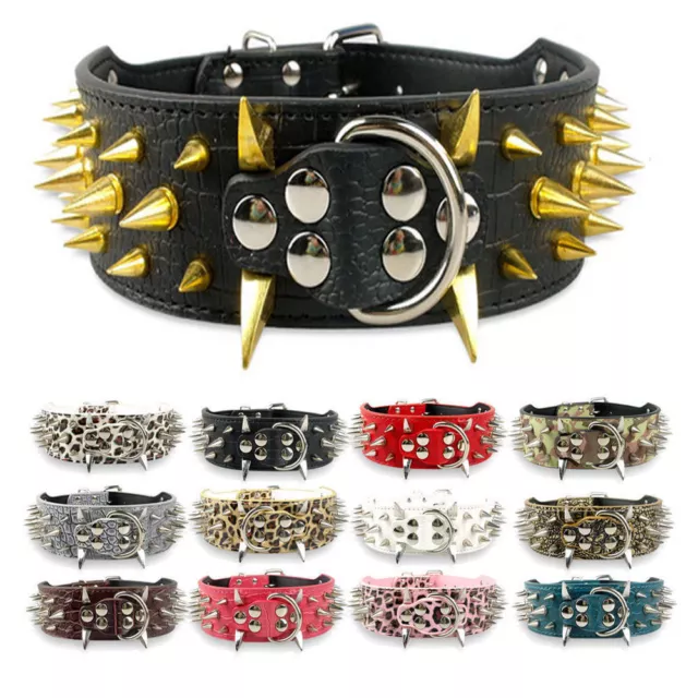 Spiked Rivet Studded Dog Collar PU Leather Adjustable Large Dogs Training Collar