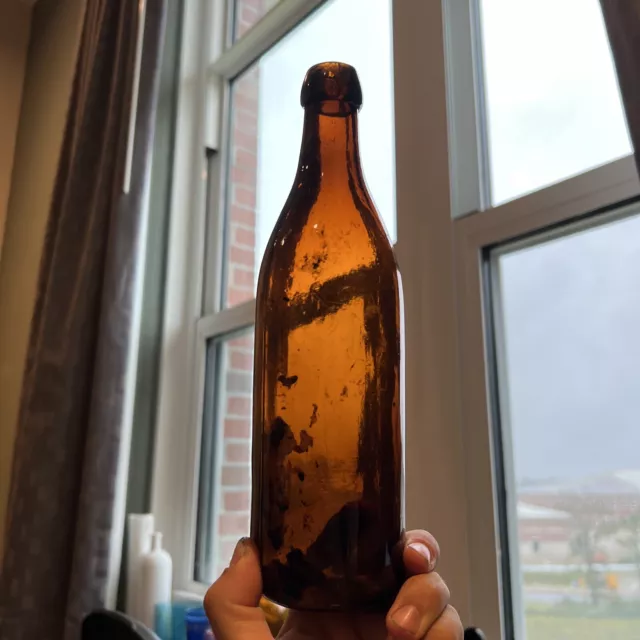 Unusual Antique Amber Blob Beer Or Mineral Water Bottle Crude Applied Top
