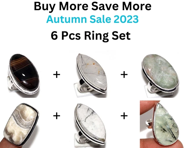 Banded Black ,Aqua Seraphinite Laguna Lace ,Howlite 6pcs Ring Combo Set 6 JW