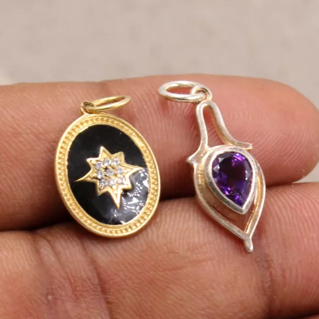 White CZ Black Enamel & Amethyst Combo Pendant Set Sterling 925 Silver Jewelry