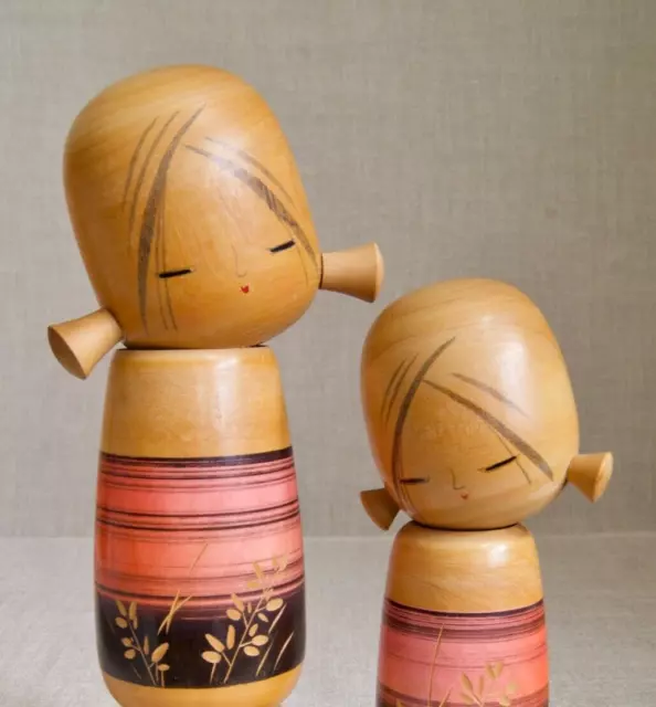 23cm(7.5") Japanese Old Sosaku Kokeshi Pair Dolls : signed Suigai Sato 1920~