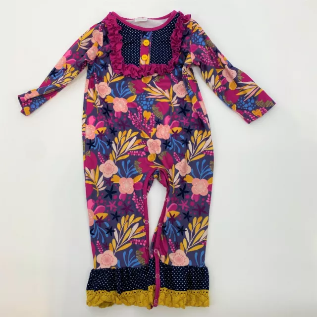 Toddler Baby Colorful Floral Ruffle Bib Long Sleeve Romper Jumpsuit Size 18-24M