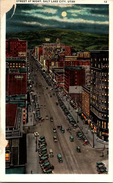 1930s Main Street View at Night Full Moon Salt Lake City Utah UT Postcard