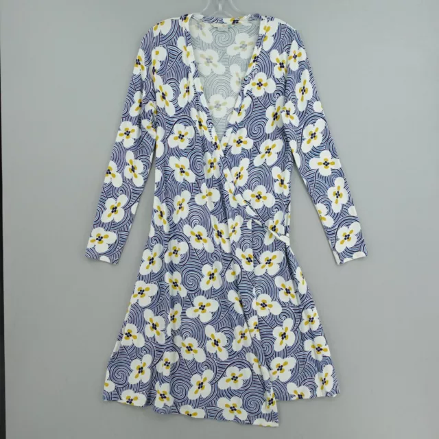 Boden Wrap Dress Womens US 8 Blue White Floral Print Long Sleeve Jersey Resort