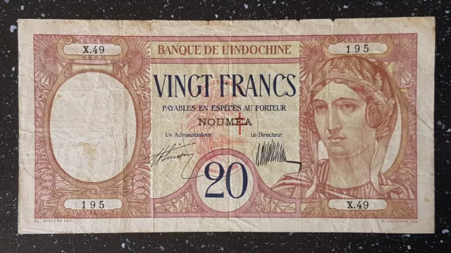 ** 20 Francs 1941 * Surcharge Croix Lorrainne * NOUMÉA * BANQUE DE L'INDOCHINE *