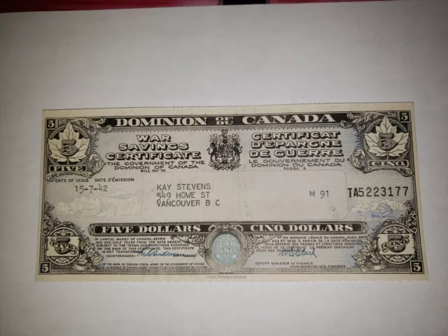 Dominion Of Canada 1942 War Savings Certificate $5 Dollars (Vancouver, B.C.)