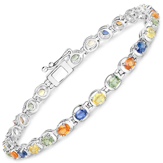 925 Sterling Silver Genuine Multi Sapphire Bracelet (5.40 Carat) Size 7.25 - QTE