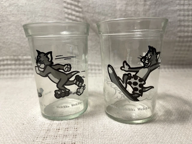 Welch's Jelly Jar Tom & Jerry Surfing & Skating 1990 Set of 2 Glass Tumblers 4"*