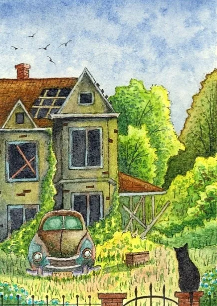 Aceo original watercolor painting Old abandoned house Car Black cat