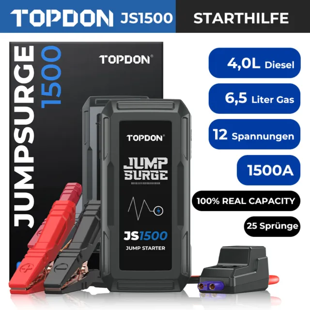 TOPDON JS1500 Starthilfe Jump Starter Booster Powerbank 1500A 10000mAh 6.5L Gas