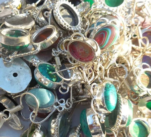 8 Piezas Lote Labradorita & Mix Piedra Preciosa 925 Plata de Ley Capa Pendientes