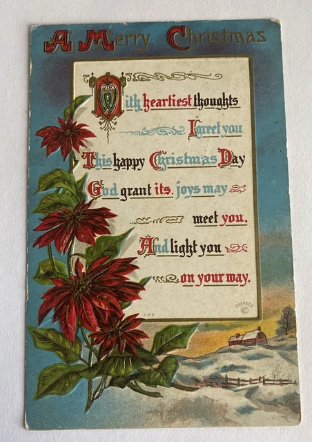 Vintage Ornate Embossed Merry Christmas Postcard ~ Poinsettia & winter scene