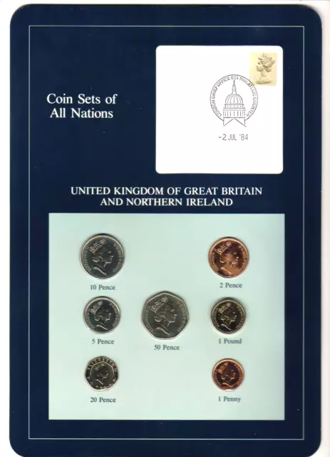 Coin Sets of All Nations - GREAT BRITAIN. 1985, 7 Coin Set. 1d - 1 Pound..  UNC