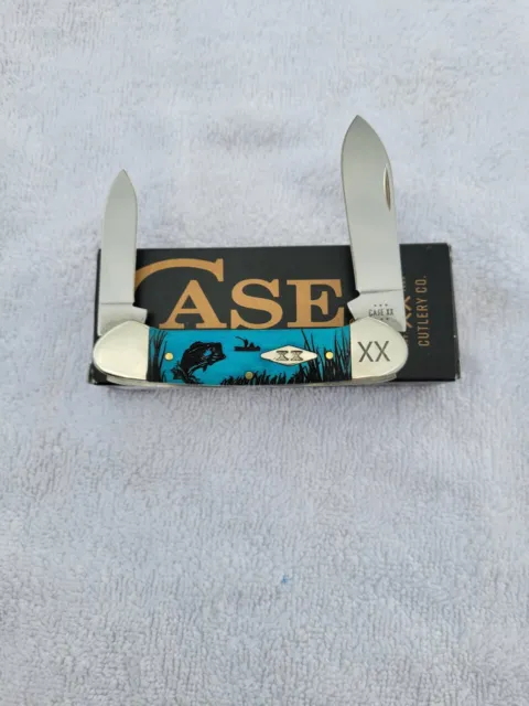Case xx USA Canoe Knife Black & Blue Bone With Bass Etch NIB