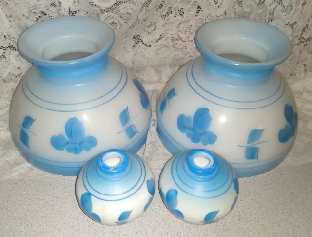 Vintage Set 8" Fitter Blue Flower Glass Hurricane Lamp Shades & Ball Shades