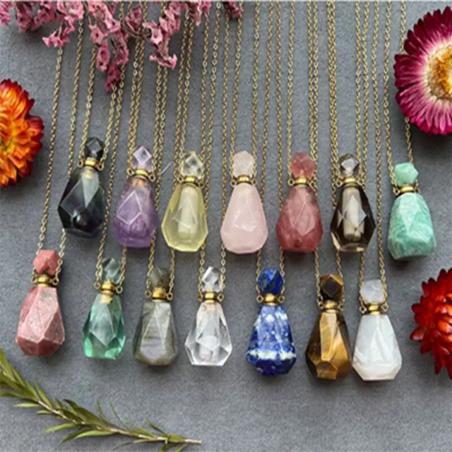 Natural Gemstone Quartz Crystal Perfume Bottles Pendant Necklace Healing Chakra