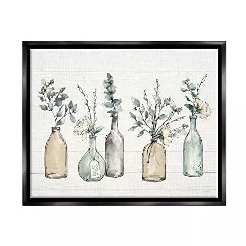 Stupell Industries Bottles And Plants Farm Wood 24 x 30, Black Floater Framed