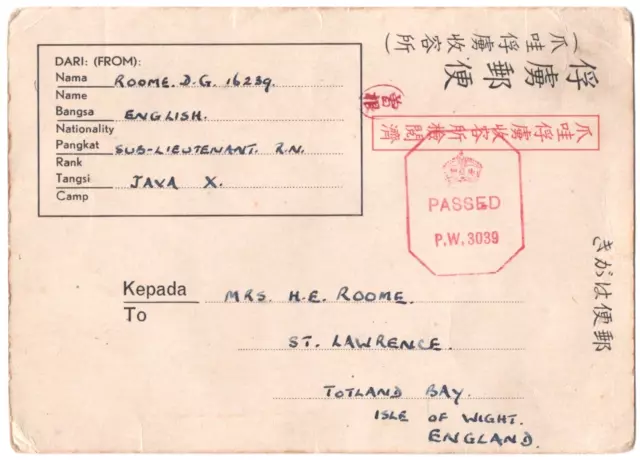 P.O.W. japonés 1944 Segunda Guerra Mundial Postal Camp Java Royal Navy Sub Teniente a la Isla de Wight