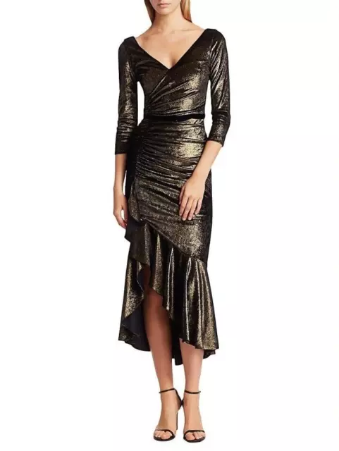 Marchesa Notte V-Neck 3/4-Sleeve Shirred Foiled Velvet High-Low Dress NWT $595