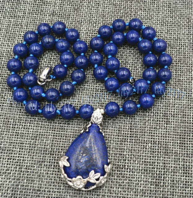 Natural Blue Egyptian Lapis Lazuli Gemstone Round Beads Drop Pendant Necklace