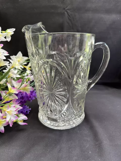 Vintage Anchor Hocking Starburst Madalion Clear Glass Pitcher w/ Ice Lip 64oz