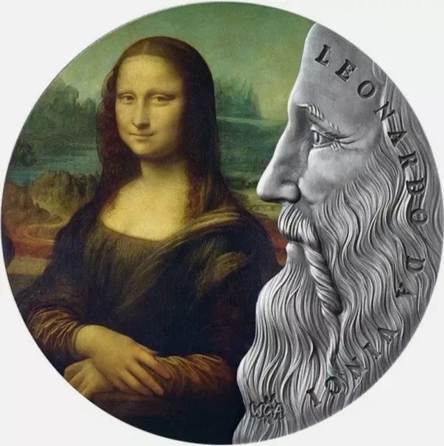 2019 Ghana 10 Cedis **Leonardo Da Vinci** H. Rilievo Antico Moneta Argento 2 Oz 999