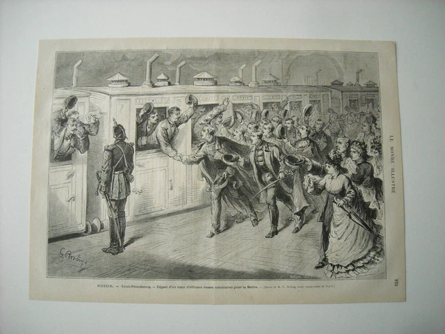 Gravure 1876. Russie. Saint-Petersbourg. Depart Train D’officiers Russes Serbie.