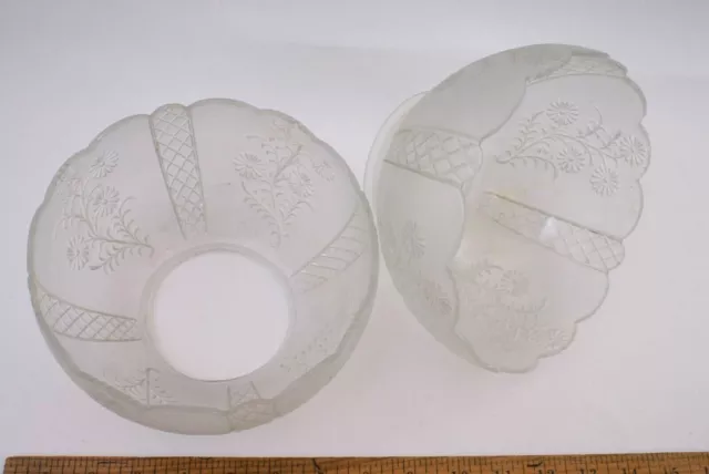 MATCHED PAIR FLORAL MOTIF ETCHED GLASS LAMP SHADES - ANTIQUE / VINTAGE 4" x 7"