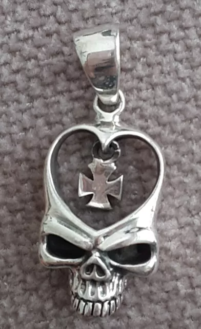 Sterling Silver Pendant Charm Skull Cutout Heart Dangling Maltese Cross In Head