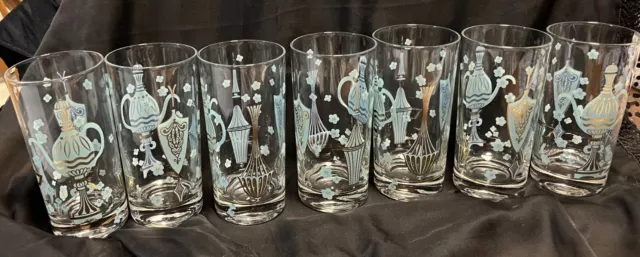 Libbey Glass Gay Fad Barware Turquoise Teal Gold Glasses, Set of 7