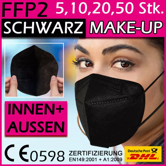 FFP2 Maske schwarz 🖤 innen & außen, Make-Up 🥰 Masken 5x 10x 20x 50x 100x Stück