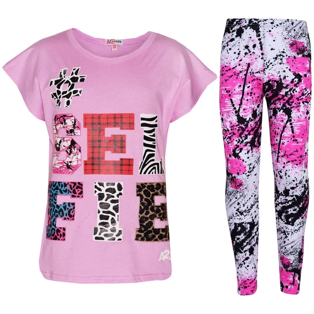 Kids Girls Tops Selfie Print Trendy Lilac T Shirt Top & Fashion Legging Set 7-13