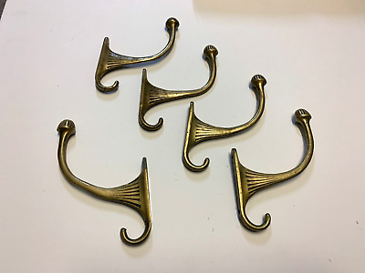 5 Vintage Heavy Solid Cast Brass Coat Hat Double Hooks Mission House