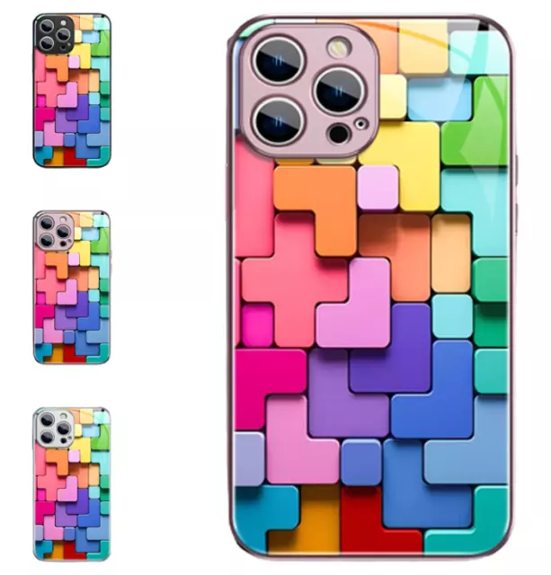 For iPhone 12/13/14Pro Max Case Cover Flat 3D Square Pattern Glass Case Cover