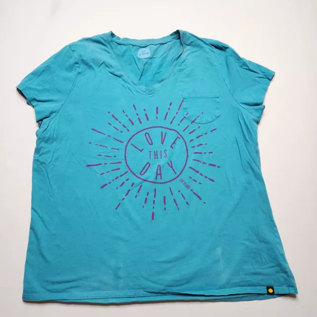 Life is Good Sleep Pocket Tee V-Neck Love This Day Women Size XXL Teal Blue B6