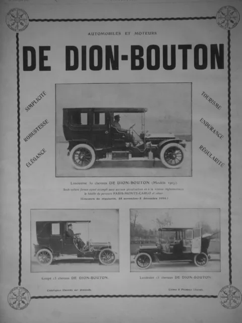 Publicité De Presse 1907 Voitures De Dion-Bouton Coupé 15 Chevaux Et Lanlaudet
