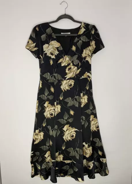 L K Bennett Midi Dress 10 Black Floral Print Short Sleeve V Neck Silk Y2K Womens