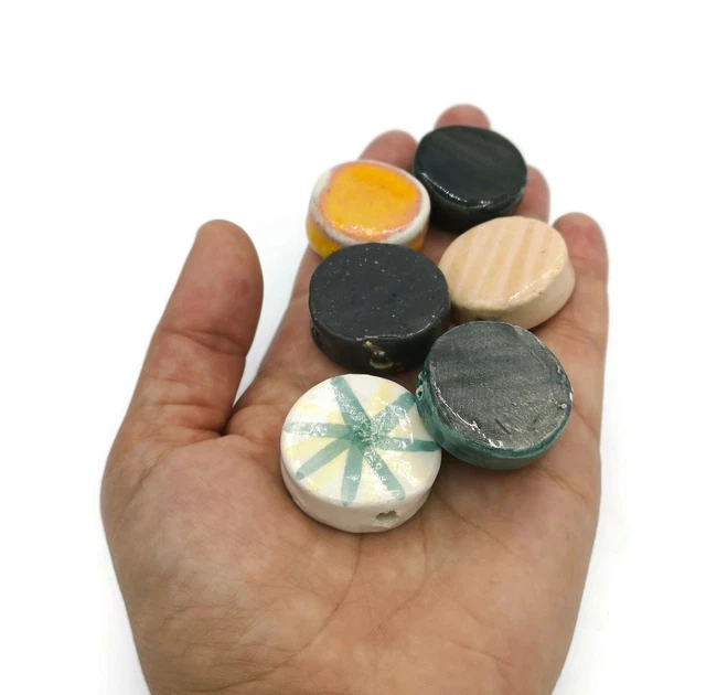 6Pc Extra Large Coin Bead Handmade 30mm Ceramic Macrame Beads for Jewelry Making