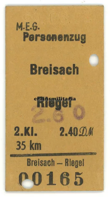 Orig. Fahrschein Fahrkarte MEG Bahnhof Breisach - Riegel Baden 1962