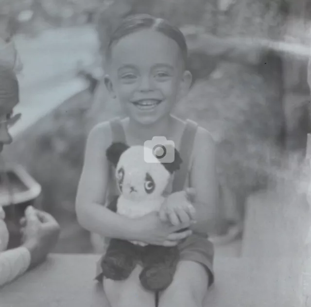 Boy Sitting On Wall Teddy Bear Grandfather 1930s/1940s *Original Negative*