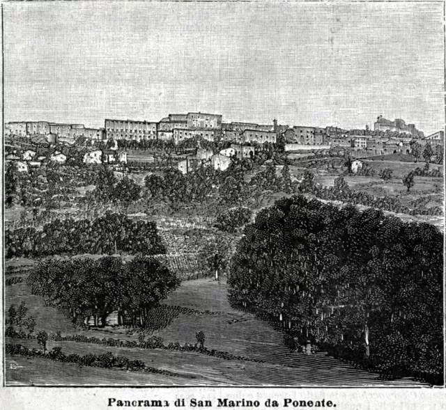 Repubblica di San Marino: Panorama da ponente. Stampa antica + passepartout.1889