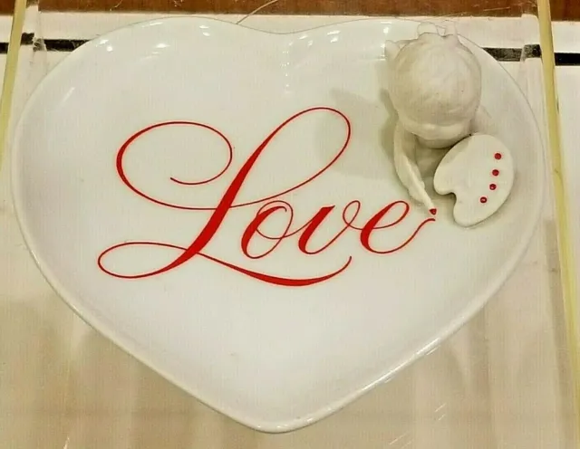 Vintage Avon 1984 White China "Love" Heart Shape Trinket Dish w/ Cupid Figurine