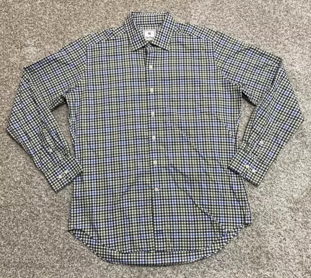 David Donahue Shirt Mens Large White Blue Green Plaid Button Dark Academia Dress